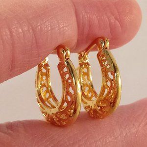 18K Yellow Gold Filled Hoop Filigree Carved Tapered Hoop Huggie Earrings Gift